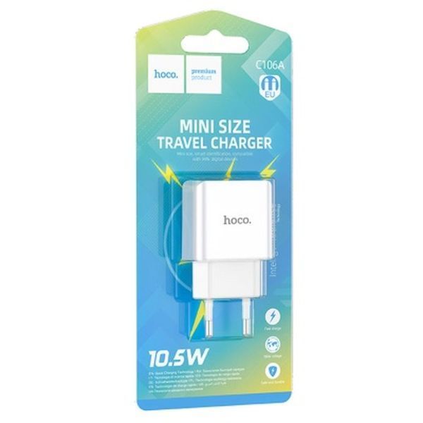Мережевий зарядний пристрій "Hoco C106A" з виходом USB 5V/2.1А для мобільного телефону, планшета, вилка EU USB charg Hoco C106A W фото